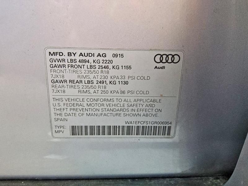 2016 Audi Q3 მანქანა იყიდება აუქციონზე, vin: WA1EFCFS1GR006954, აუქციონის ნომერი: 61086396