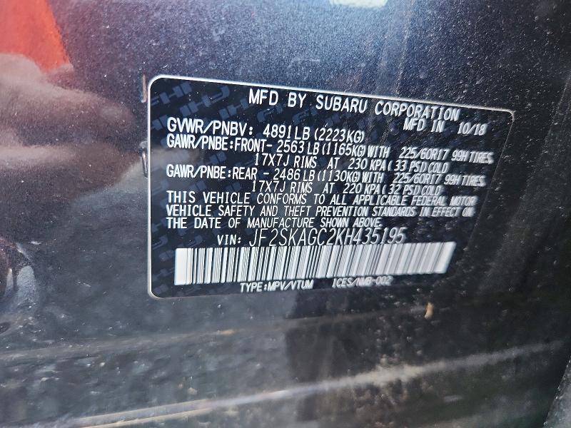 2019 Subaru Forester მანქანა იყიდება აუქციონზე, vin: JF2SKAGC2KH435195, აუქციონის ნომერი: 61812426