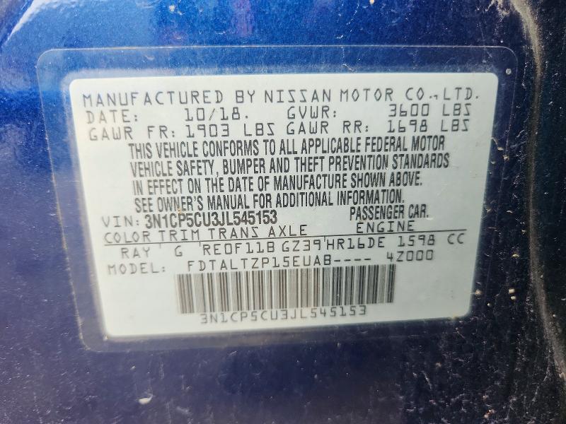 2018 Nissan Kicks მანქანა იყიდება აუქციონზე, vin: 3N1CP5CU3JL545153, აუქციონის ნომერი: 61187716