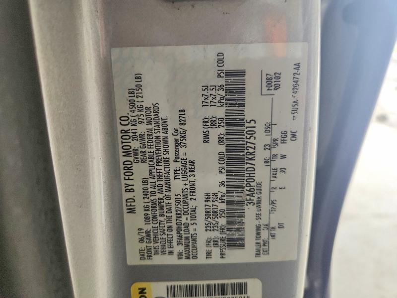 Продажа на аукционе авто 2019 Ford Fusion, vin: 3FA6P0HD7KR275015, номер лота: 62488846