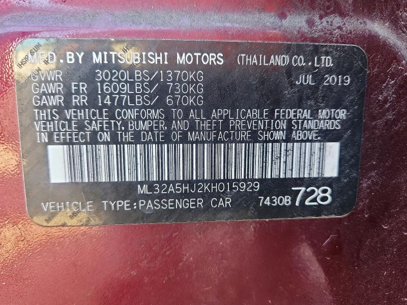 62320246 :رقم المزاد ، ML32A5HJ2KH015929 vin ، 2019 Mitsubishi Mirage مزاد بيع