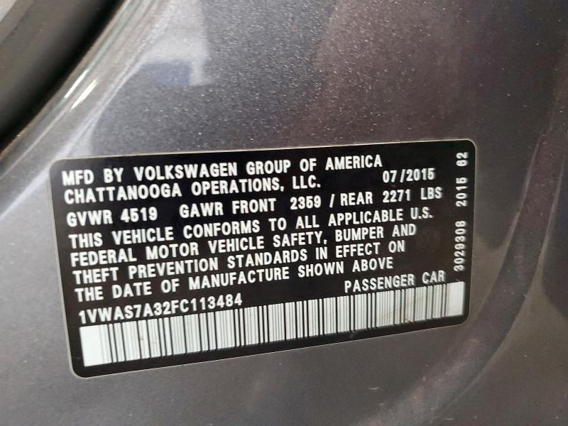 61855136 :رقم المزاد ، 1VWAS7A32FC113484 vin ، 2015 Volkswagen Passat مزاد بيع