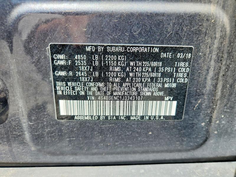 Продаж на аукціоні авто 2018 Subaru Outback, vin: 4S4BSENC1J3343107, номер лоту: 61952266