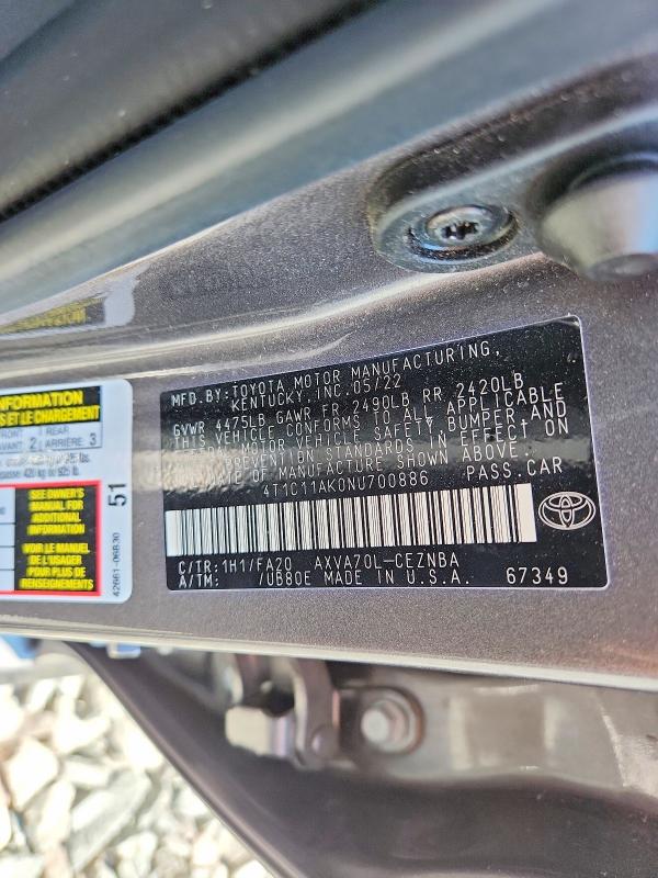 Продаж на аукціоні авто 2022 Toyota Camry, vin: 4T1C11AK0NU700886, номер лоту: 59714106
