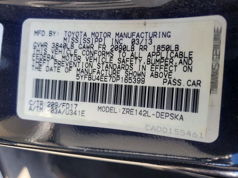 60959036 :رقم المزاد ، 5YFBU4EE7DP165399 vin ، 2013 Toyota Corolla مزاد بيع