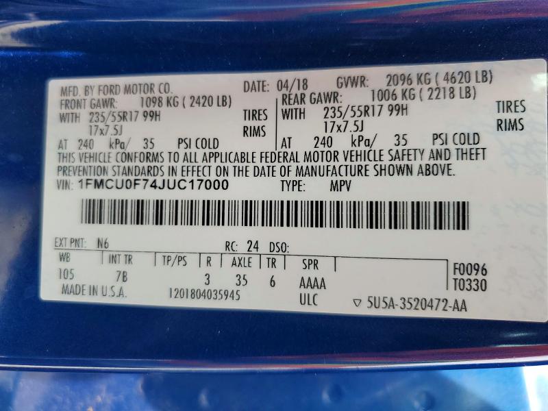 Aukcja sprzedaży 2018 Ford Escape, vin: 1FMCU0F74JUC17000, numer aukcji: 62814316