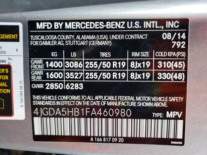 2015 Mercedes-benz Ml მანქანა იყიდება აუქციონზე, vin: 4JGDA5HB1FA460980, აუქციონის ნომერი: 61548916