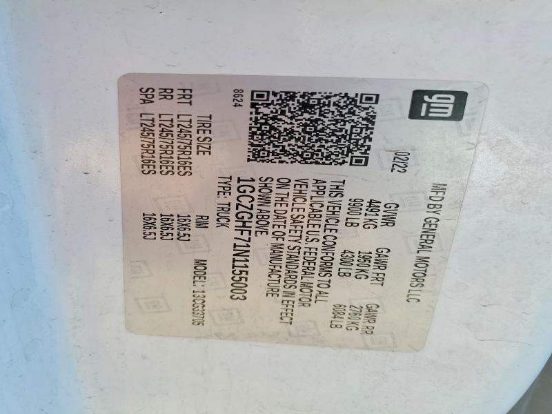 59976436 :رقم المزاد ، 1GCZGHF71N1155003 vin ، 2022 Chevrolet Express G3500 مزاد بيع