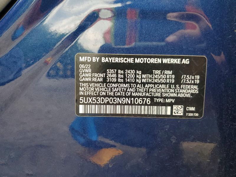 60698666 :رقم المزاد ، 5UX53DP03N9N10676 vin ، 2022 Bmw X3 مزاد بيع