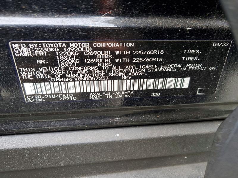 2022 Toyota Rav4 მანქანა იყიდება აუქციონზე, vin: JTMB6RFV8ND057237, აუქციონის ნომერი: 85983665