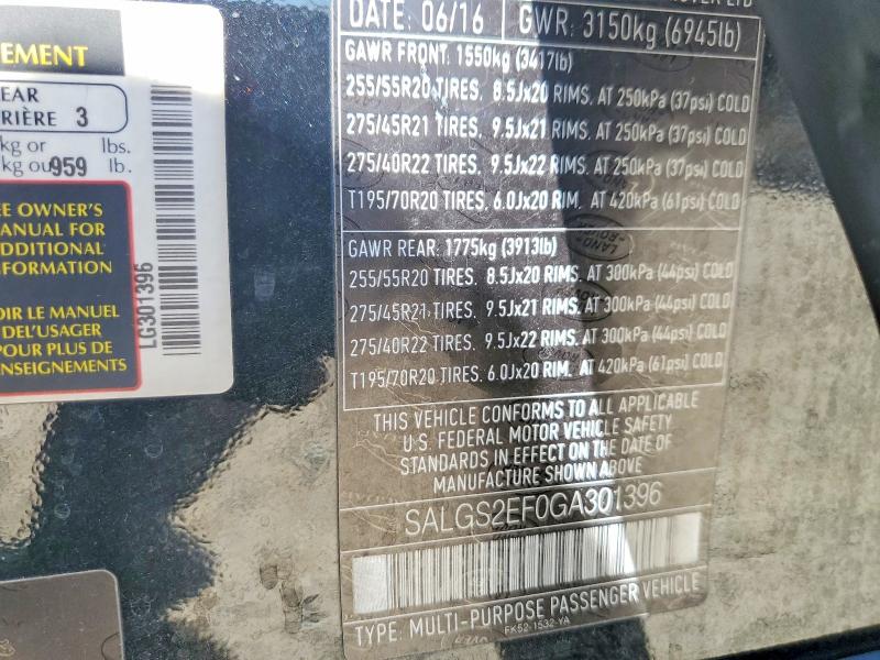 2016 Land Rover Range Rover მანქანა იყიდება აუქციონზე, vin: SALGS2EF0GA301396, აუქციონის ნომერი: 63285336