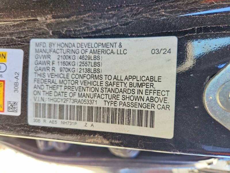 2024 Honda Accord მანქანა იყიდება აუქციონზე, vin: 1HGCY2F73RA053371, აუქციონის ნომერი: 59813326