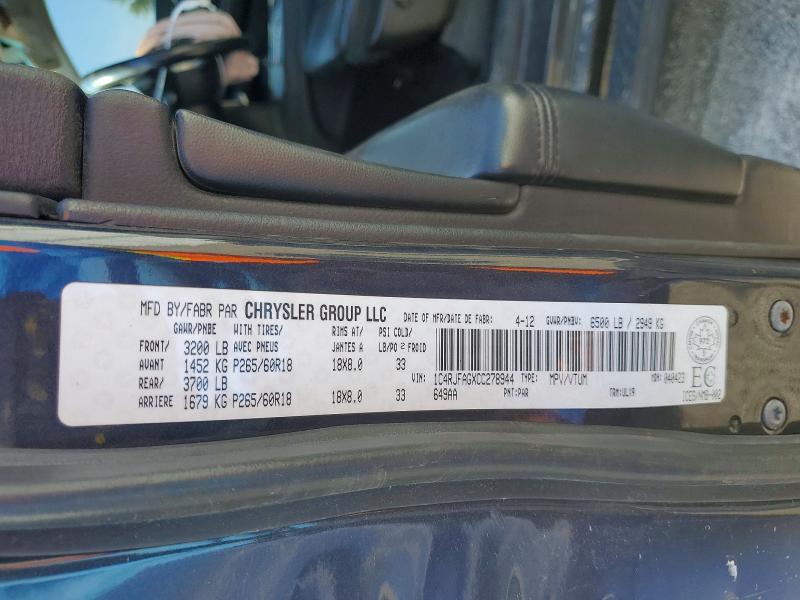 2012 Jeep Grand Cherokee მანქანა იყიდება აუქციონზე, vin: 1C4RJFAGXCC278944, აუქციონის ნომერი: 60390336