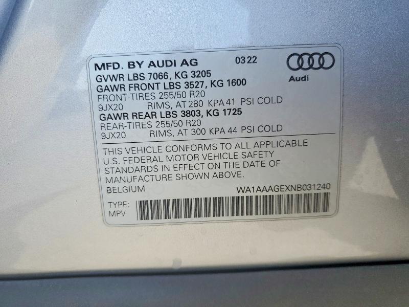 60802876 :رقم المزاد ، WA1AAAGEXNB031240 vin ، 2022 Audi E-tron مزاد بيع