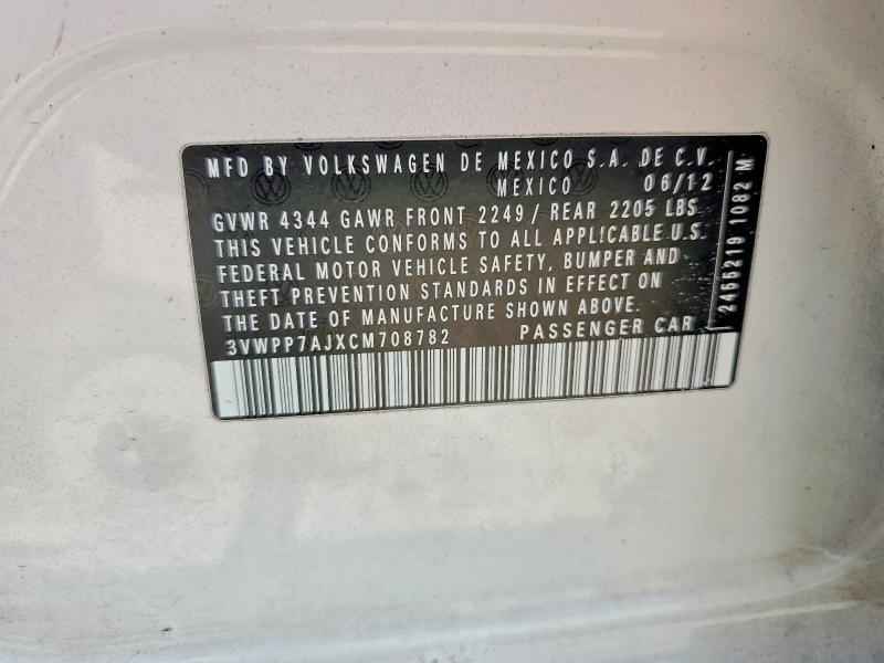 2012 Volkswagen Jetta მანქანა იყიდება აუქციონზე, vin: 3VWPP7AJXCM708782, აუქციონის ნომერი: 61259486