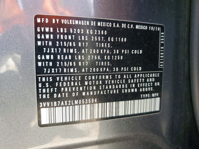 2020 Volkswagen Tiguan მანქანა იყიდება აუქციონზე, vin: 3VV1B7AX2LM053594, აუქციონის ნომერი: 61549986