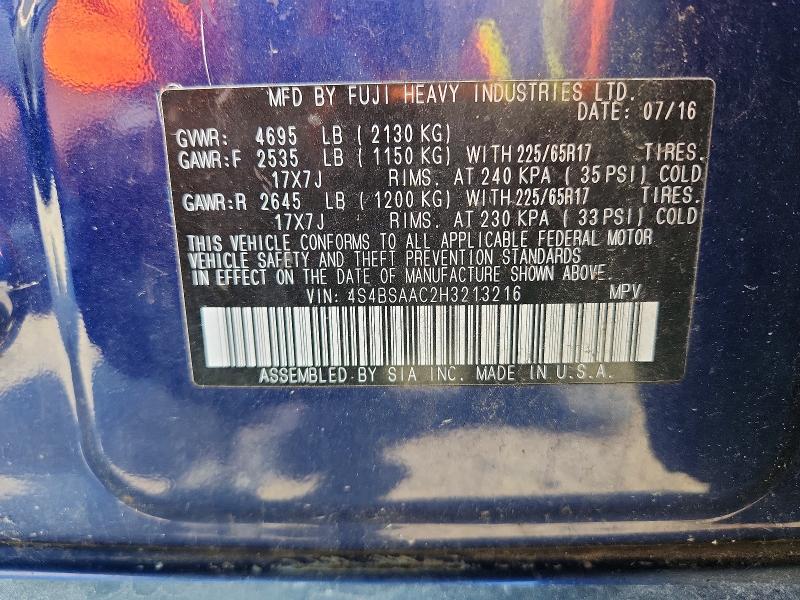 Aukcja sprzedaży 2017 Subaru Outback, vin: 4S4BSAAC2H3213216, numer aukcji: 61817036