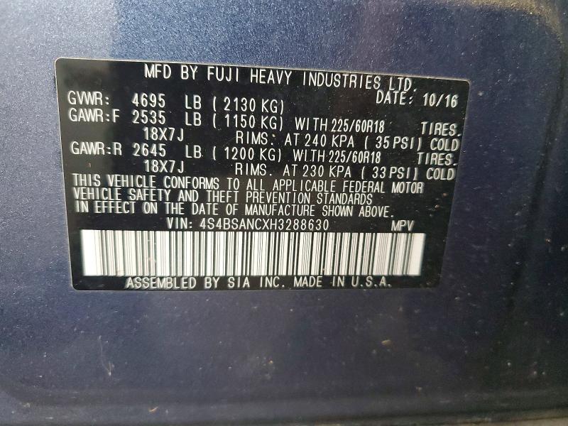 60153986 :رقم المزاد ، 4S4BSANCXH3288630 vin ، 2017 Subaru Outback مزاد بيع