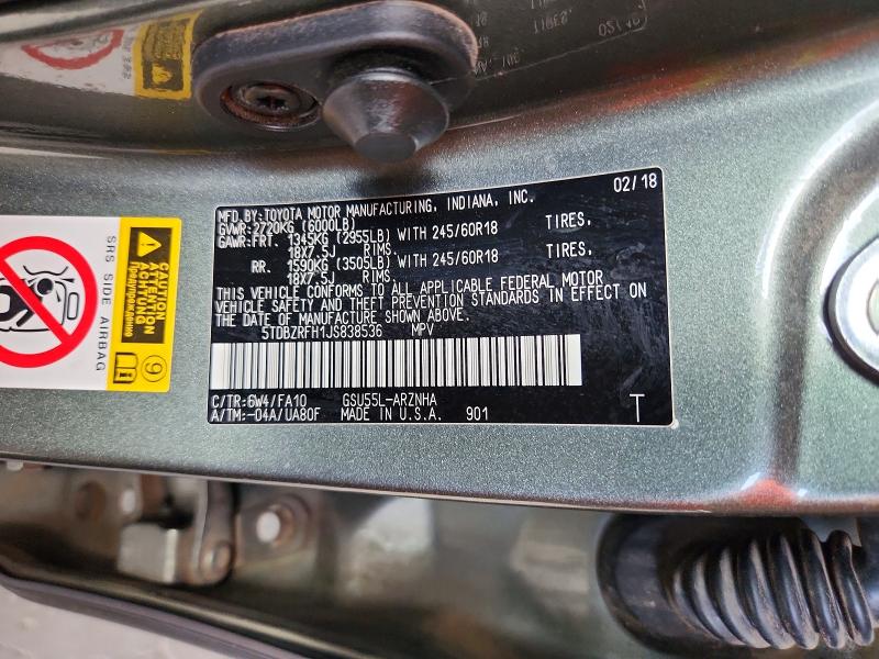 Aukcja sprzedaży 2018 Toyota Highlander, vin: 5TDBZRFH1JS838536, numer aukcji: 61776136