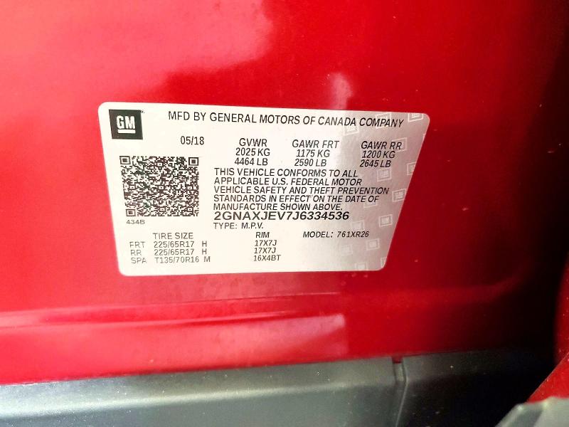 Aukcja sprzedaży 2018 Chevrolet Equinox, vin: 2GNAXJEV7J6334536, numer aukcji: 63512506