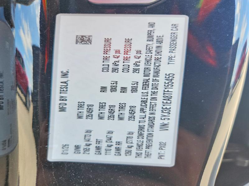 85793505 :رقم المزاد ، 5YJ3E1EA8TF155455 vin ، 2026 Tesla Model 3 مزاد بيع