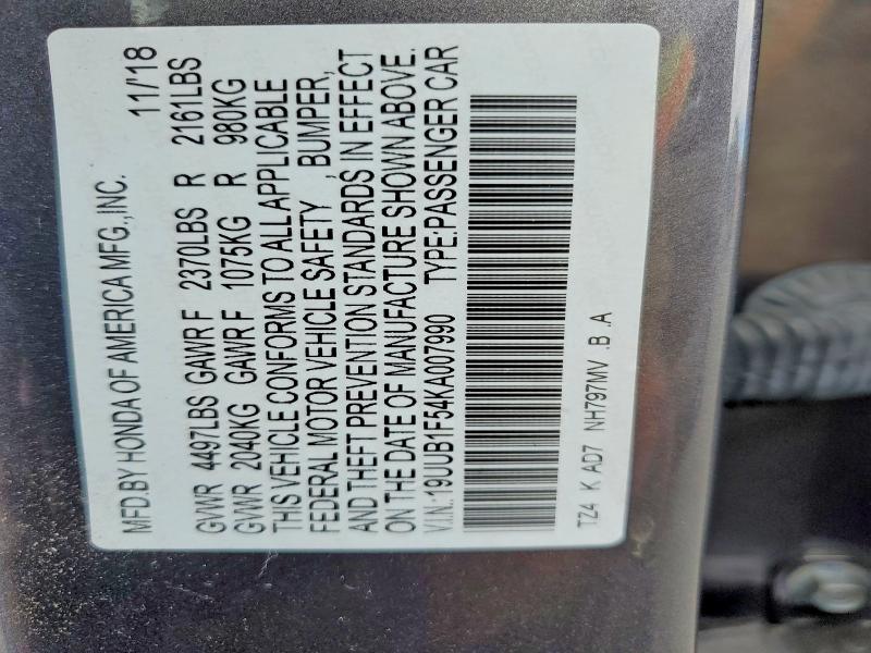 61056196 :رقم المزاد ، 19UUB1F54KA007990 vin ، 2019 Acura Tlx Techno مزاد بيع