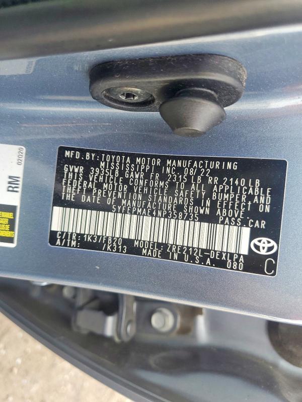 2022 Toyota Corolla მანქანა იყიდება აუქციონზე, vin: 5YFEPMAE4NP358735, აუქციონის ნომერი: 61858266