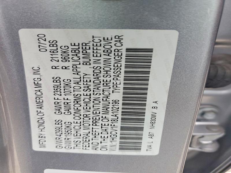 Продаж на аукціоні авто 2020 Honda Accord, vin: 1HGCV1F18LA102196, номер лоту: 62020566
