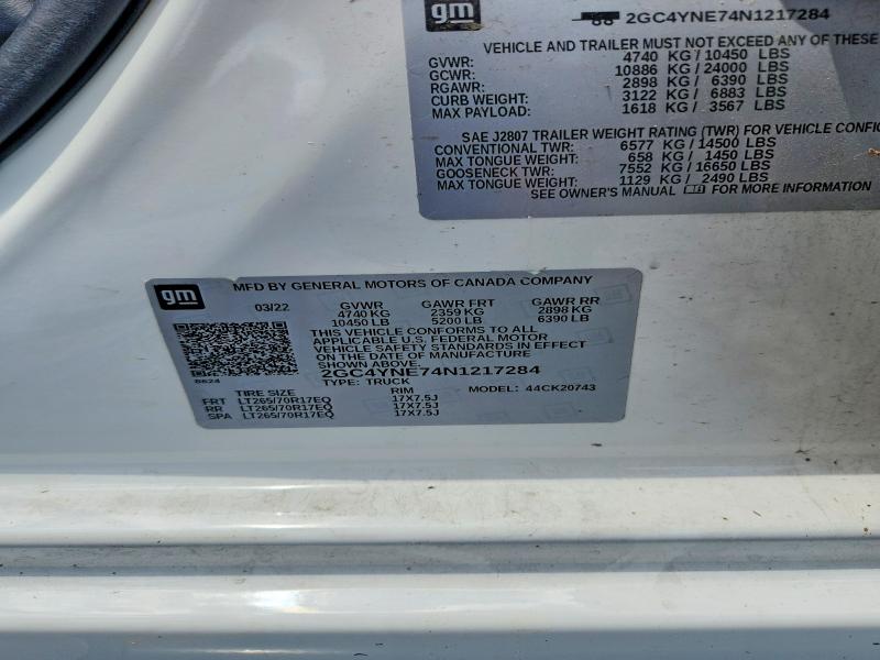 2022 Chevrolet Silverado მანქანა იყიდება აუქციონზე, vin: 2GC4YNE74N1217284, აუქციონის ნომერი: 57890386