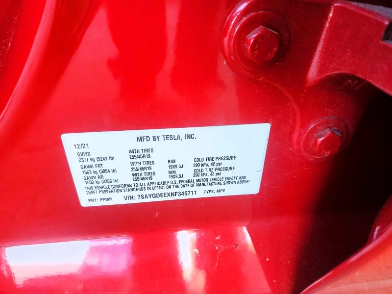 63425526 :رقم المزاد ، 7SAYGDEEXNF346711 vin ، 2022 Tesla Model Y مزاد بيع