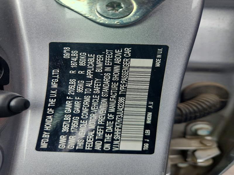 2018 Honda Civic მანქანა იყიდება აუქციონზე, vin: SHHFK7H73JU432386, აუქციონის ნომერი: 62112736