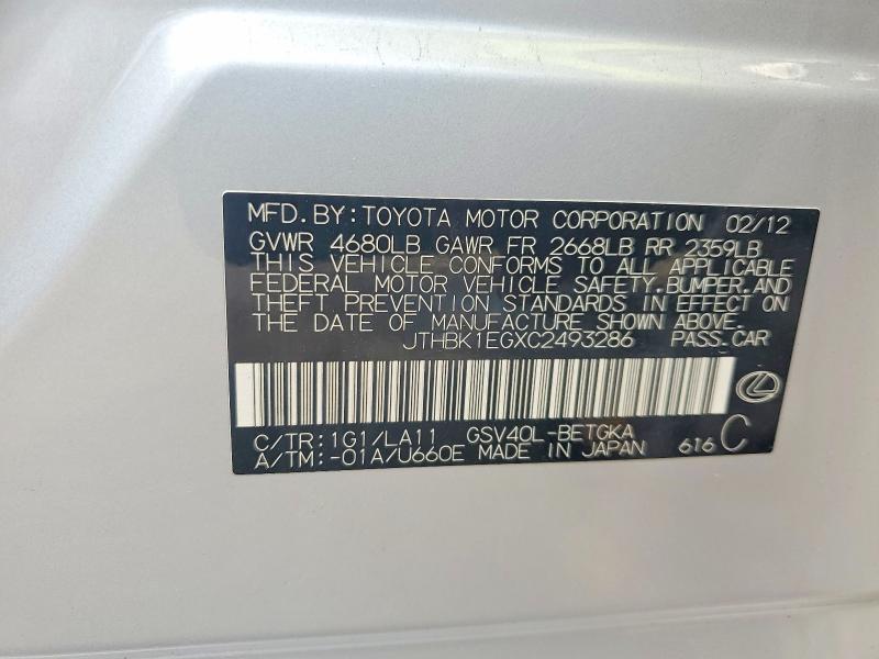 61689736 :رقم المزاد ، JTHBK1EGXC2493286 vin ، 2012 Lexus Es مزاد بيع