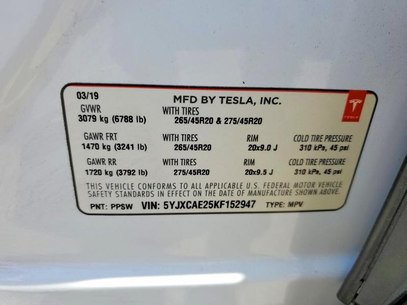 Продажа на аукционе авто 2019 Tesla Model X, vin: 5YJXCAE25KF152947, номер лота: 60084176