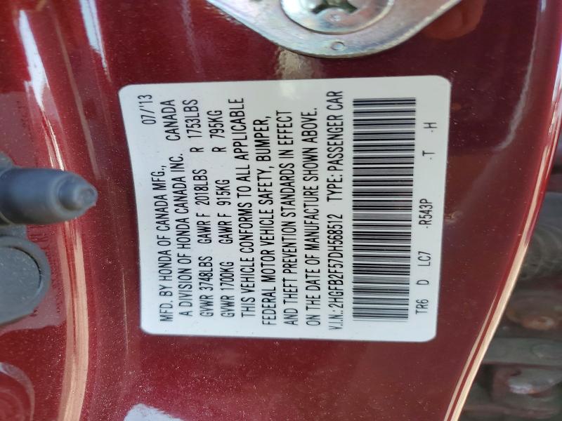 Aukcja sprzedaży 2013 Honda Civic, vin: 2HGFB2F57DH568512, numer aukcji: 59970096