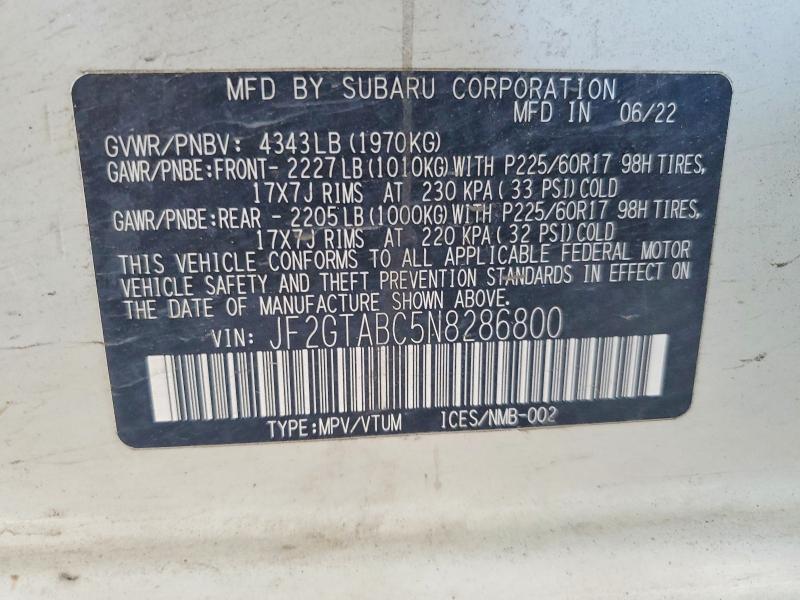 Продаж на аукціоні авто 2022 Subaru Crosstrek, vin: JF2GTABC5N8286800, номер лоту: 58973306