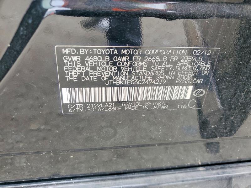 Aukcja sprzedaży 2012 Lexus Es, vin: JTHBK1EG6C2494239, numer aukcji: 59237006