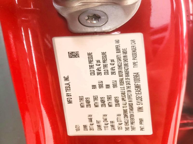 Продажа на аукционе авто 2021 Tesla Model 3, vin: 5YJ3E1EA5MF100964, номер лота: 60505606