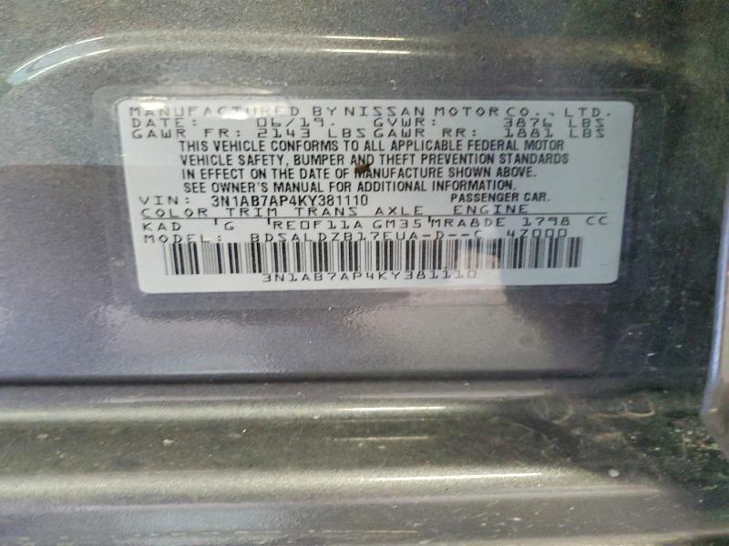 2019 Nissan Sentra მანქანა იყიდება აუქციონზე, vin: 3N1AB7AP4KY381110, აუქციონის ნომერი: 61579446