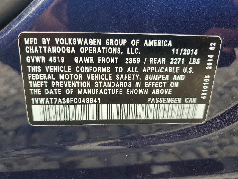 60816876 :رقم المزاد ، 1VWAT7A30FC048941 vin ، 2015 Volkswagen Passat مزاد بيع