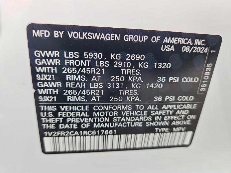 Aukcja sprzedaży 2024 Volkswagen Atlas, vin: 1V2FR2CA1RC617661, numer aukcji: 59727826