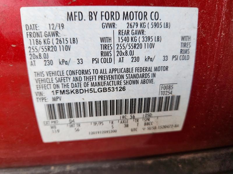 61445706 :رقم المزاد ، 1FMSK8DH5LGB53126 vin ، 2020 Ford Explorer مزاد بيع