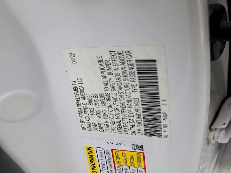 60400786 :رقم المزاد ، 19XFL2H81NE014253 vin ، 2022 Honda Civic مزاد بيع