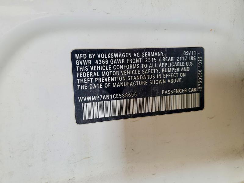 62785446 :رقم المزاد ، WVWMP7AN1CE538696 vin ، 2012 Volkswagen Cc مزاد بيع