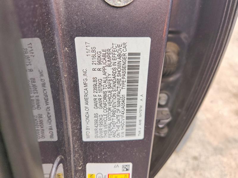 60419846 :رقم المزاد ، 1HGCV1F4XJA054031 vin ، 2018 Honda Accord مزاد بيع