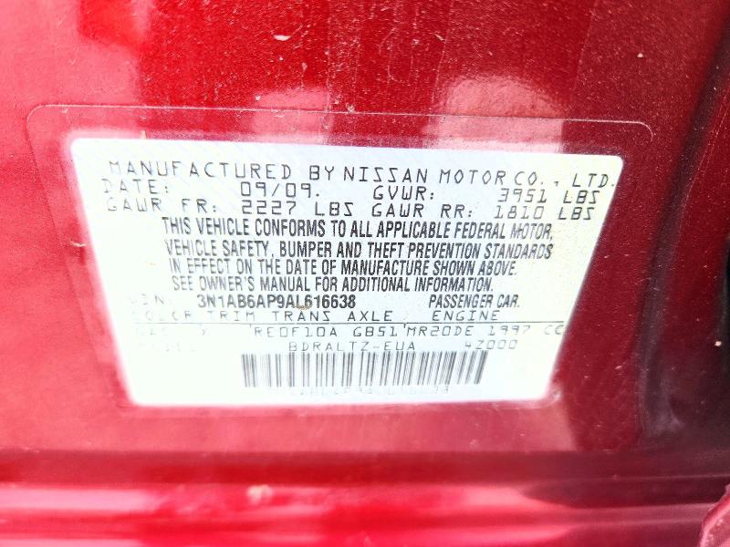 61154956 :رقم المزاد ، 3N1AB6AP9AL616638 vin ، 2010 Nissan Sentra مزاد بيع