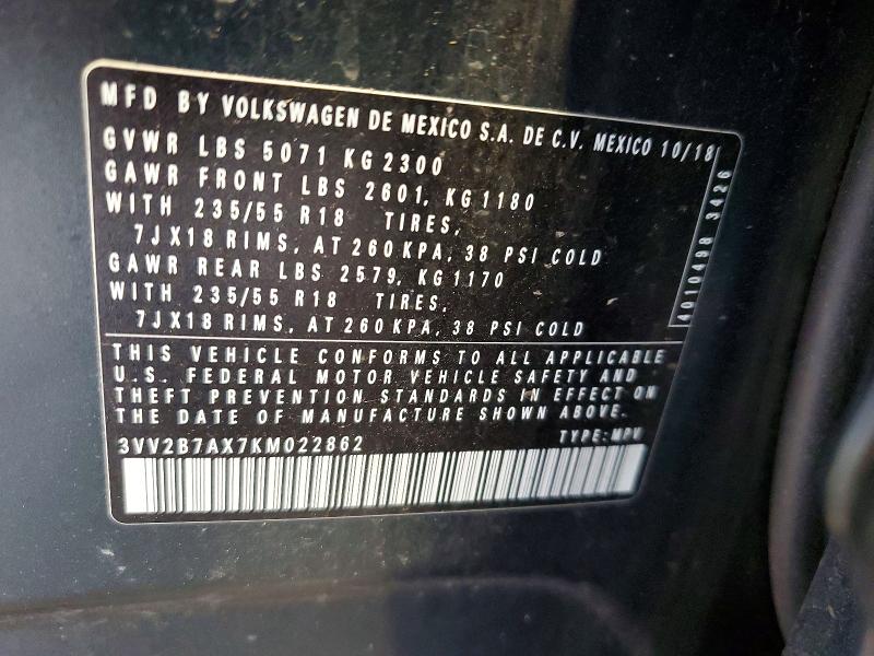 62329496 :رقم المزاد ، 3VV2B7AX7KM022862 vin ، 2019 Volkswagen Tiguan مزاد بيع