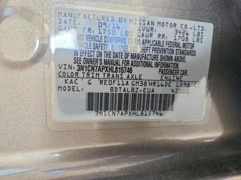 Продаж на аукціоні авто 2017 Nissan Versa, vin: 3N1CN7APXHL815746, номер лоту: 59237836
