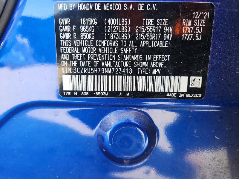 2022 Honda Hr-v მანქანა იყიდება აუქციონზე, vin: 3CZRU5H79NM723418, აუქციონის ნომერი: 59268736