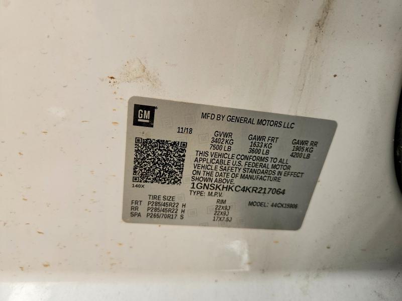 2019 Chevrolet Suburban მანქანა იყიდება აუქციონზე, vin: 1GNSKHKC4KR217064, აუქციონის ნომერი: 60755986