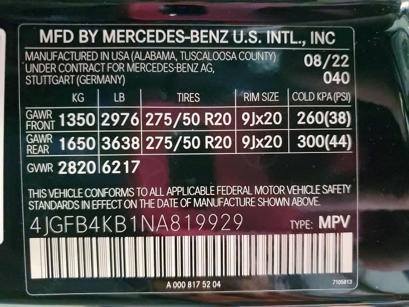 63021446 :رقم المزاد ، 4JGFB4KB1NA819929 vin ، 2022 Mercedes-benz Gle مزاد بيع